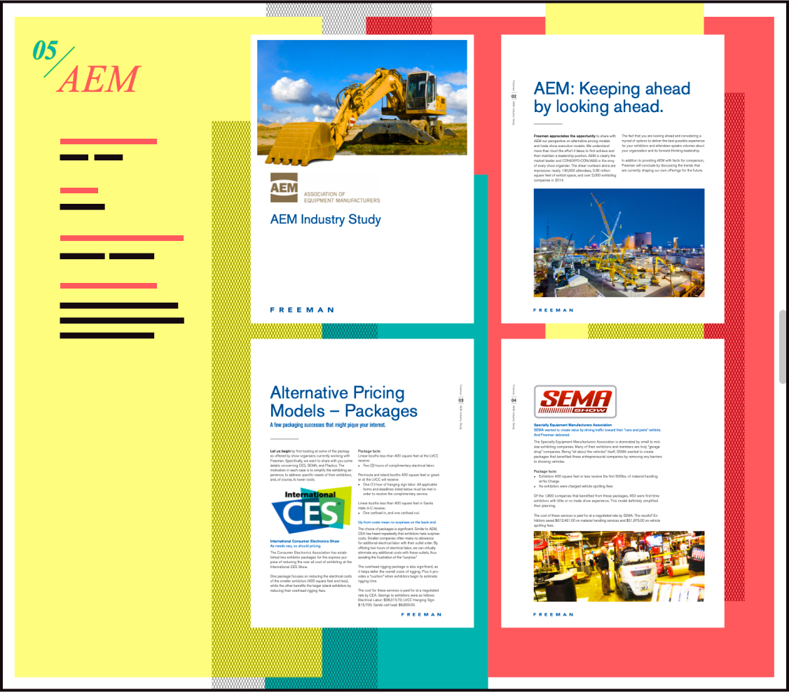 A colorful layout with various brochures from equipment and industry studies.