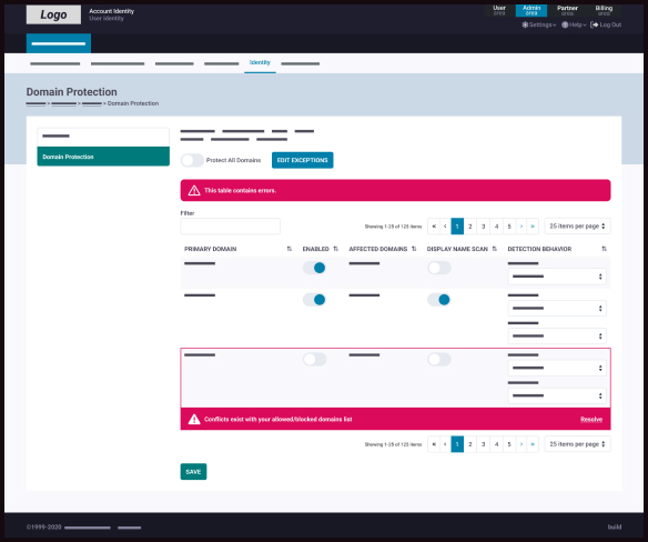 Screenshot of a domain protection interface with settings, alerts, and navigation options.