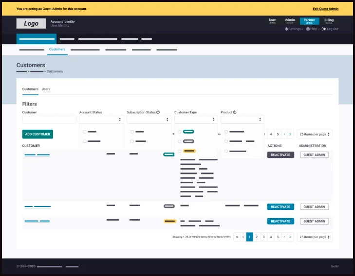 Web interface showing a customer management dashboard with filters, list of customers, and admin controls.